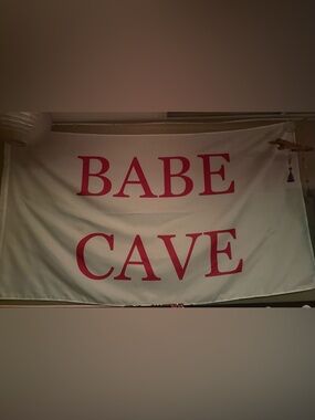 Babe Cave Wall Banner Flag - White with Hot Pink Text